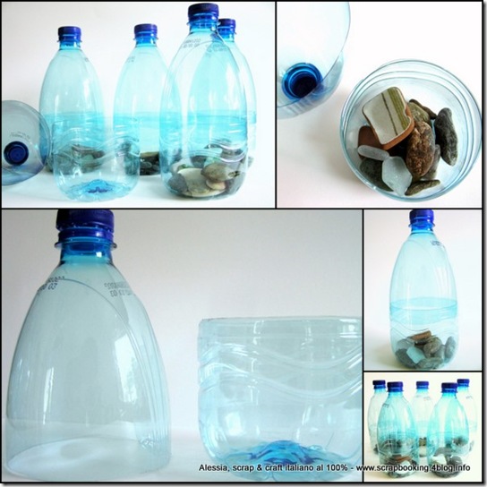 i birilli con i sassi di mare, riciclando le bottiglie di plastica