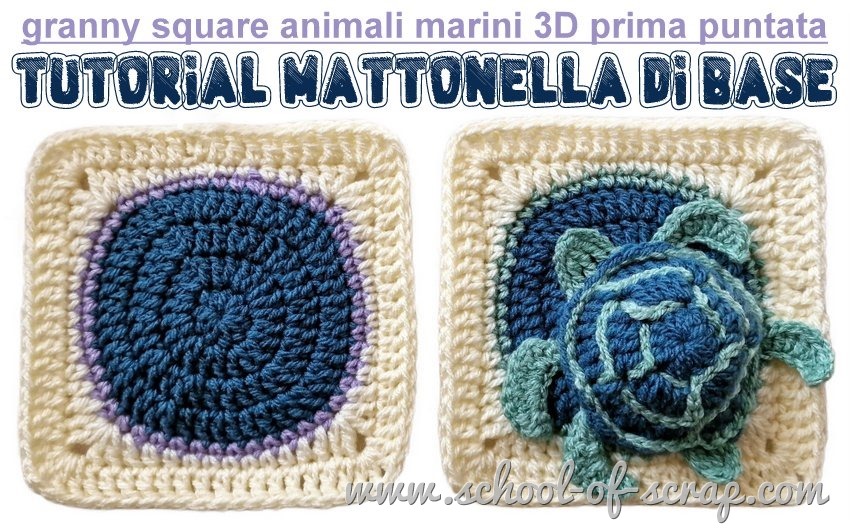 Uncinetto facile tutorial mattonella base per granny square animali marini 3D