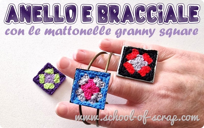 Uncinetto facile bracciale e anello con le mattonelle granny square_